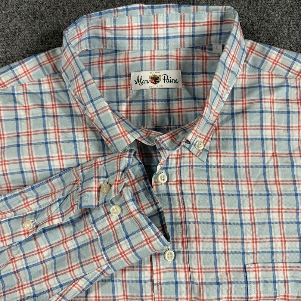 Alan Paine Shirt Mens Large Blue Plaid Button Down Oxford Cotton Preppy Casual